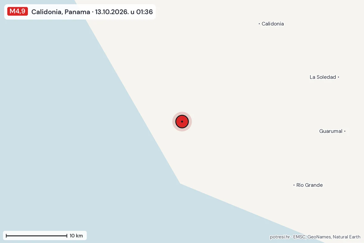 Karta: okolica epicentra, 60 km, potres M4,9, Calidonia, Panama, 13.10.2026.