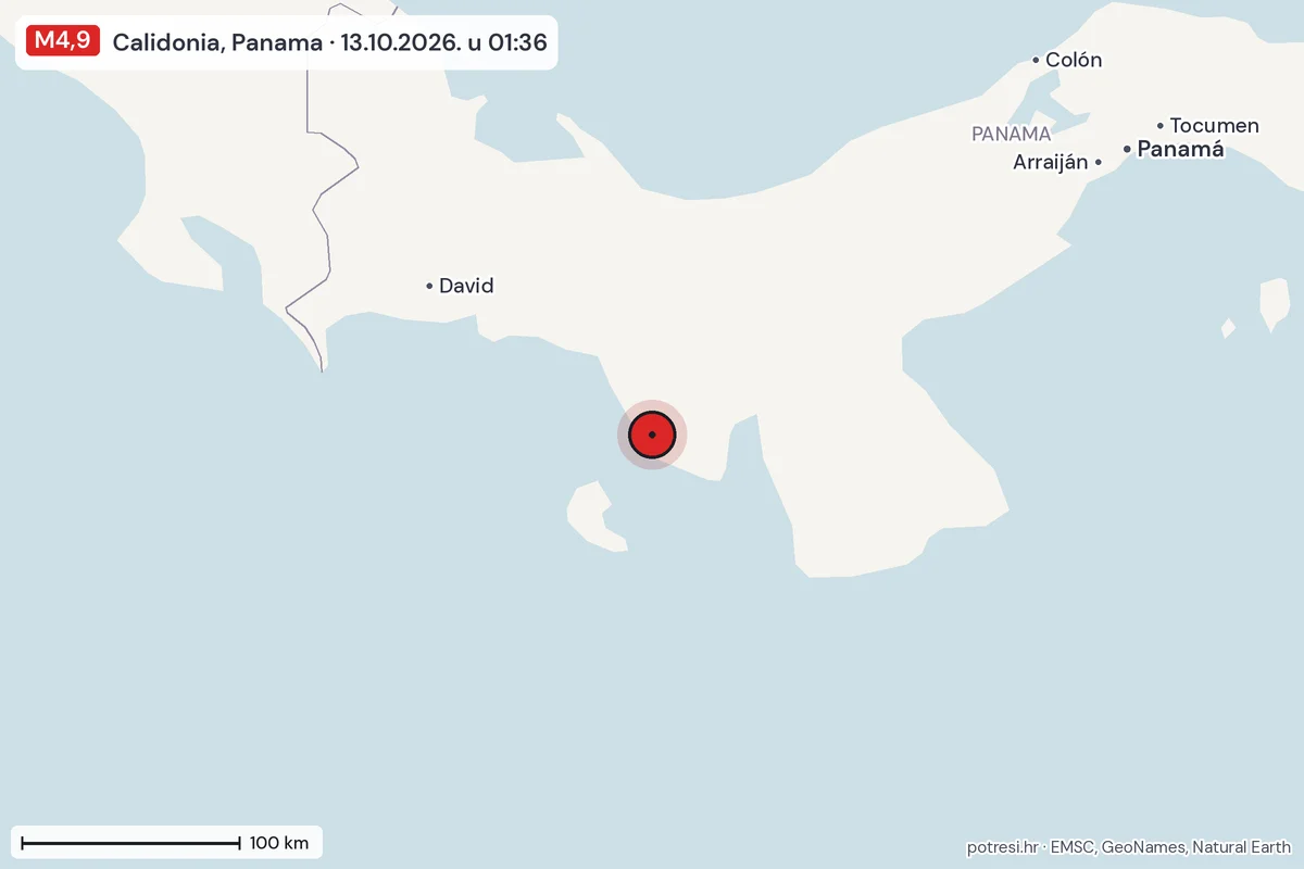 Karta: šire područje, 600 km, potres M4,9, Calidonia, Panama, 13.10.2026.