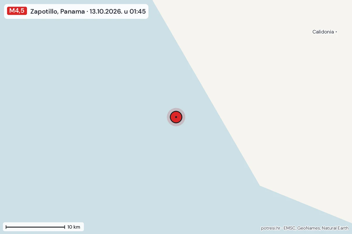 Karta: okolica epicentra, 60 km, potres M4,5, Zapotillo, Panama, 13.10.2026.