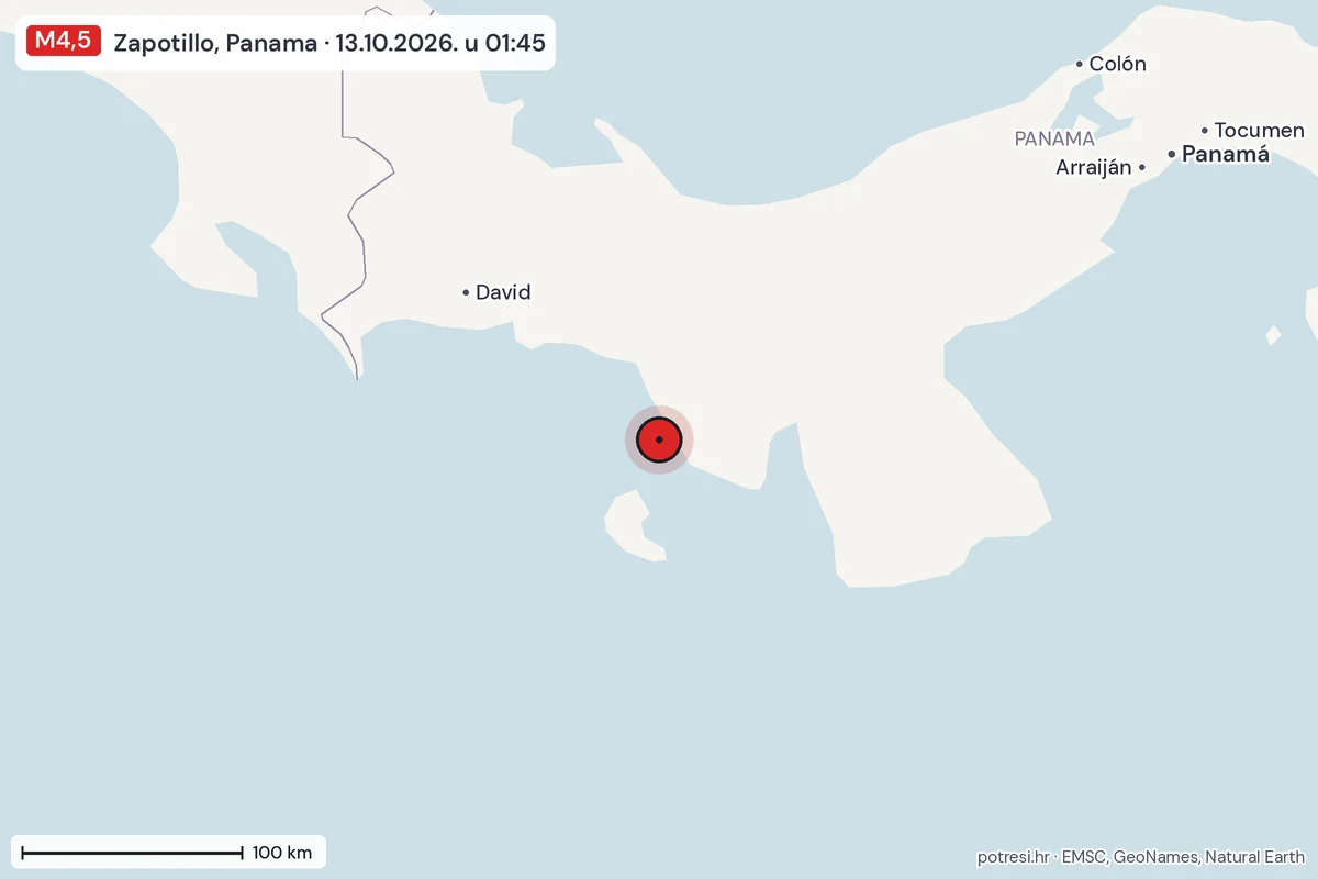 Karta: šire područje, 600 km, potres M4,5, Zapotillo, Panama, 13.10.2026.