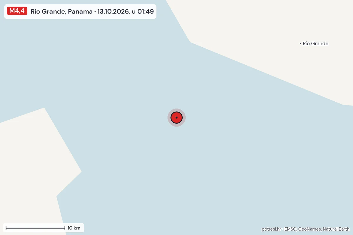 Karta: okolica epicentra, 60 km, potres M4,4, Río Grande, Panama, 13.10.2026.