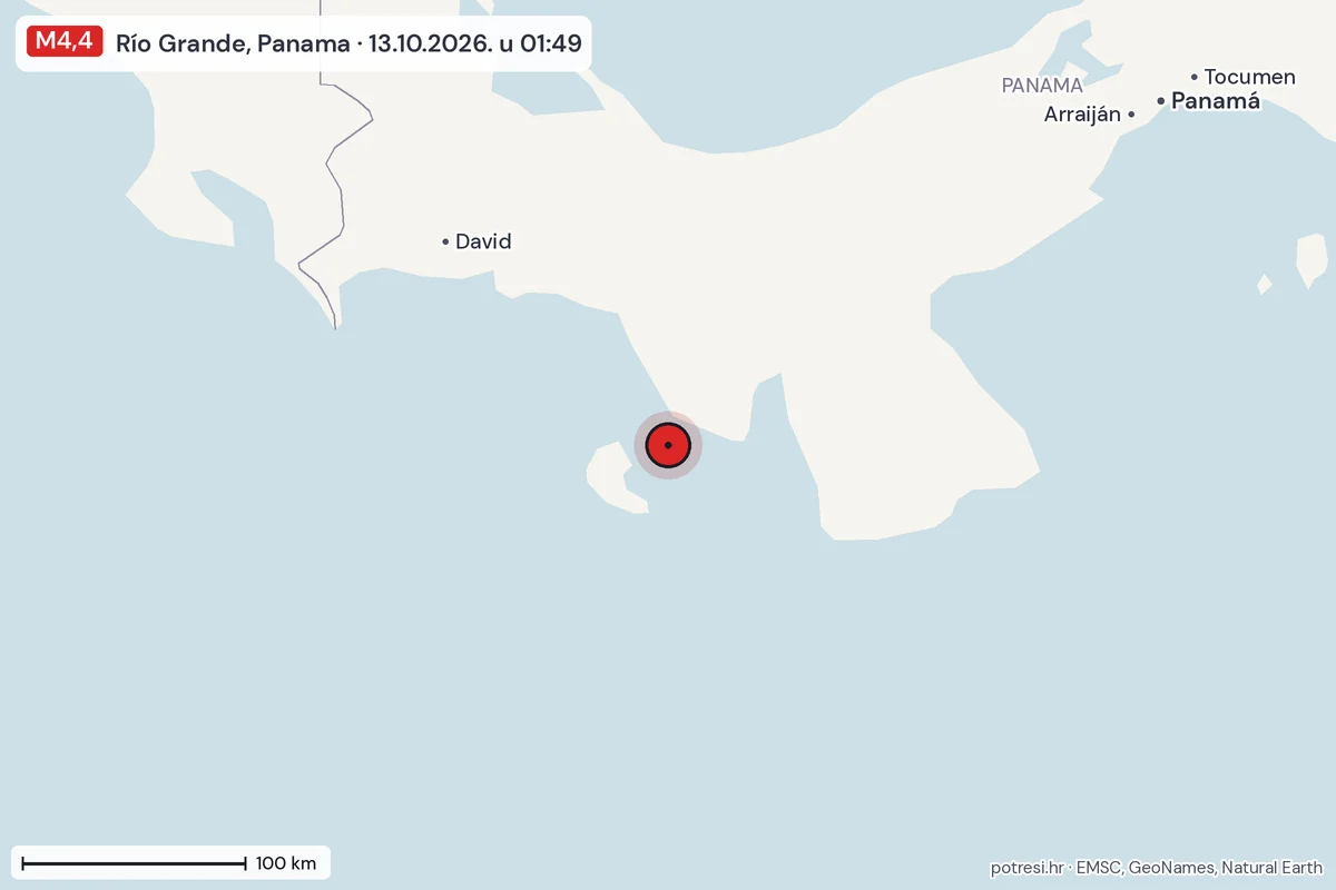 Karta: šire područje, 600 km, potres M4,4, Río Grande, Panama, 13.10.2026.