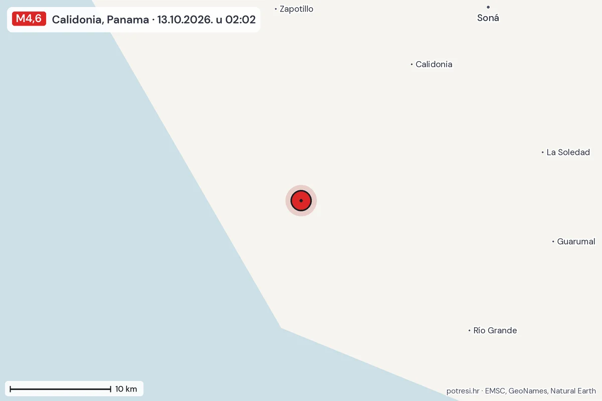 Karta: okolica epicentra, 60 km, potres M4,6, Calidonia, Panama, 13.10.2026.