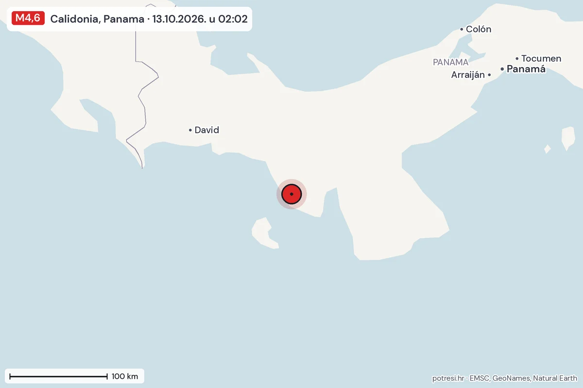 Karta: šire područje, 600 km, potres M4,6, Calidonia, Panama, 13.10.2026.