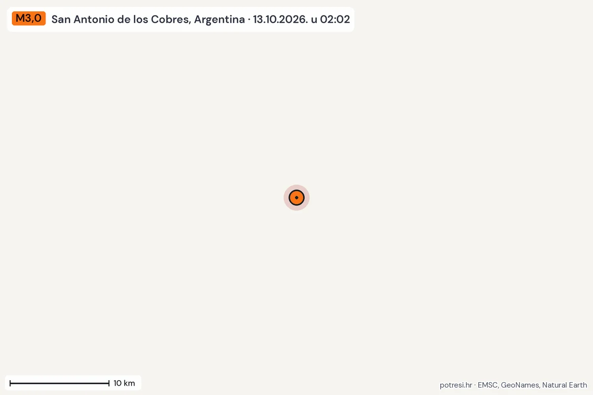 Karta: okolica epicentra, 60 km, potres M3,0, San Antonio de los Cobres, Argentina, 13.10.2026.