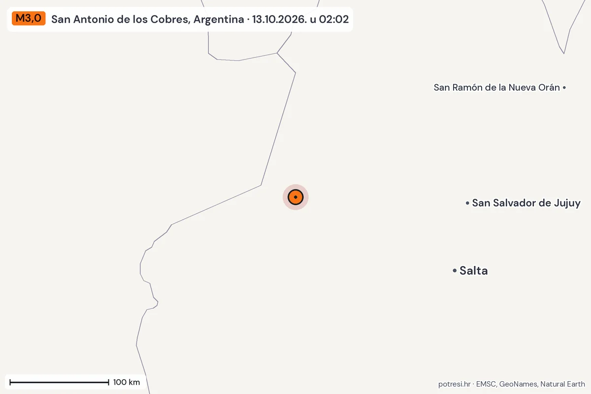 Karta: šire područje, 600 km, potres M3,0, San Antonio de los Cobres, Argentina, 13.10.2026.