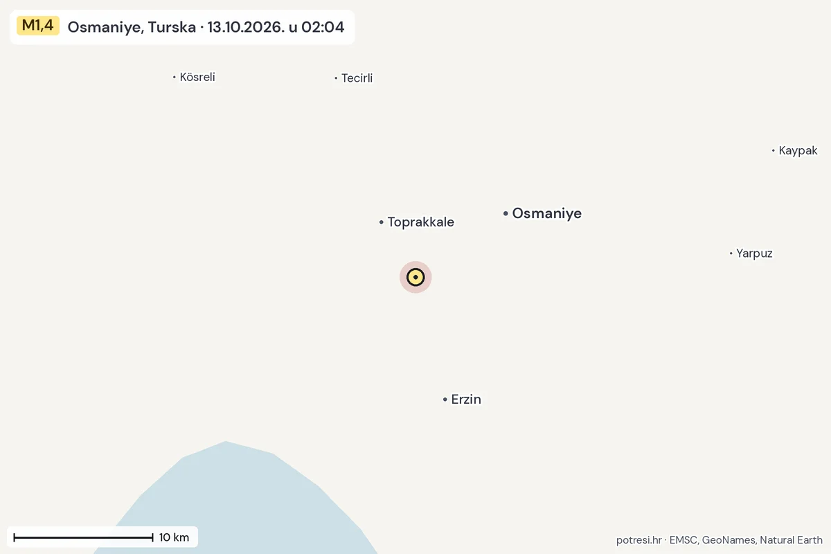 Karta: okolica epicentra, 60 km, potres M1,4, Osmaniye, Turska, 13.10.2026.