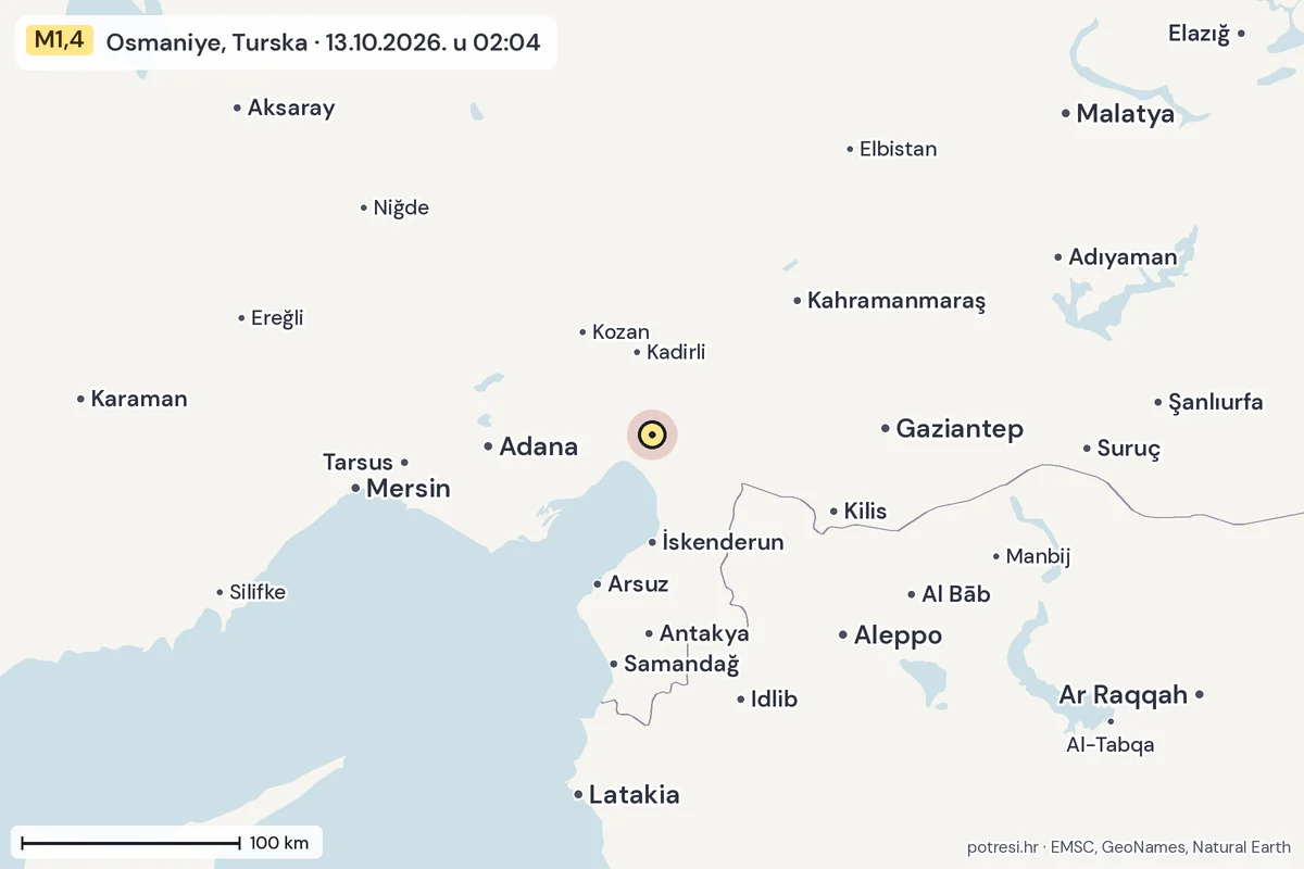 Karta: šire područje, 600 km, potres M1,4, Osmaniye, Turska, 13.10.2026.