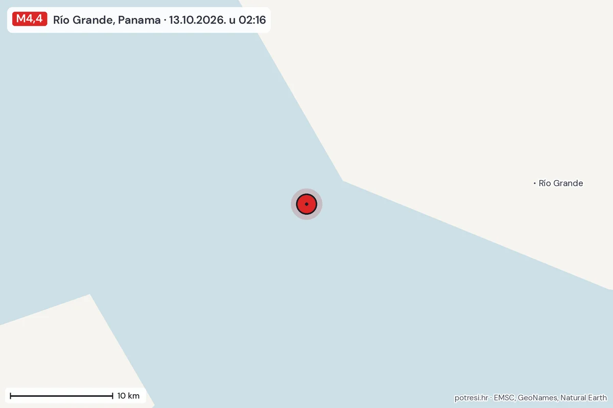 Karta: okolica epicentra, 60 km, potres M4,4, Río Grande, Panama, 13.10.2026.