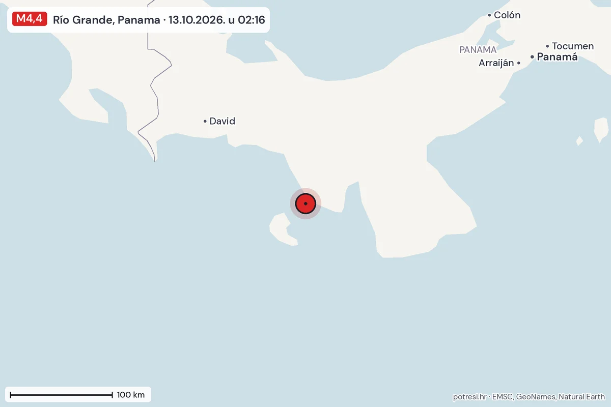 Karta: šire područje, 600 km, potres M4,4, Río Grande, Panama, 13.10.2026.