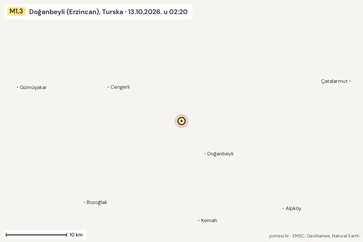 Karta: okolica epicentra, 60 km, potres M1,3, Doğanbeyli (Erzincan), Turska, 13.10.2026.