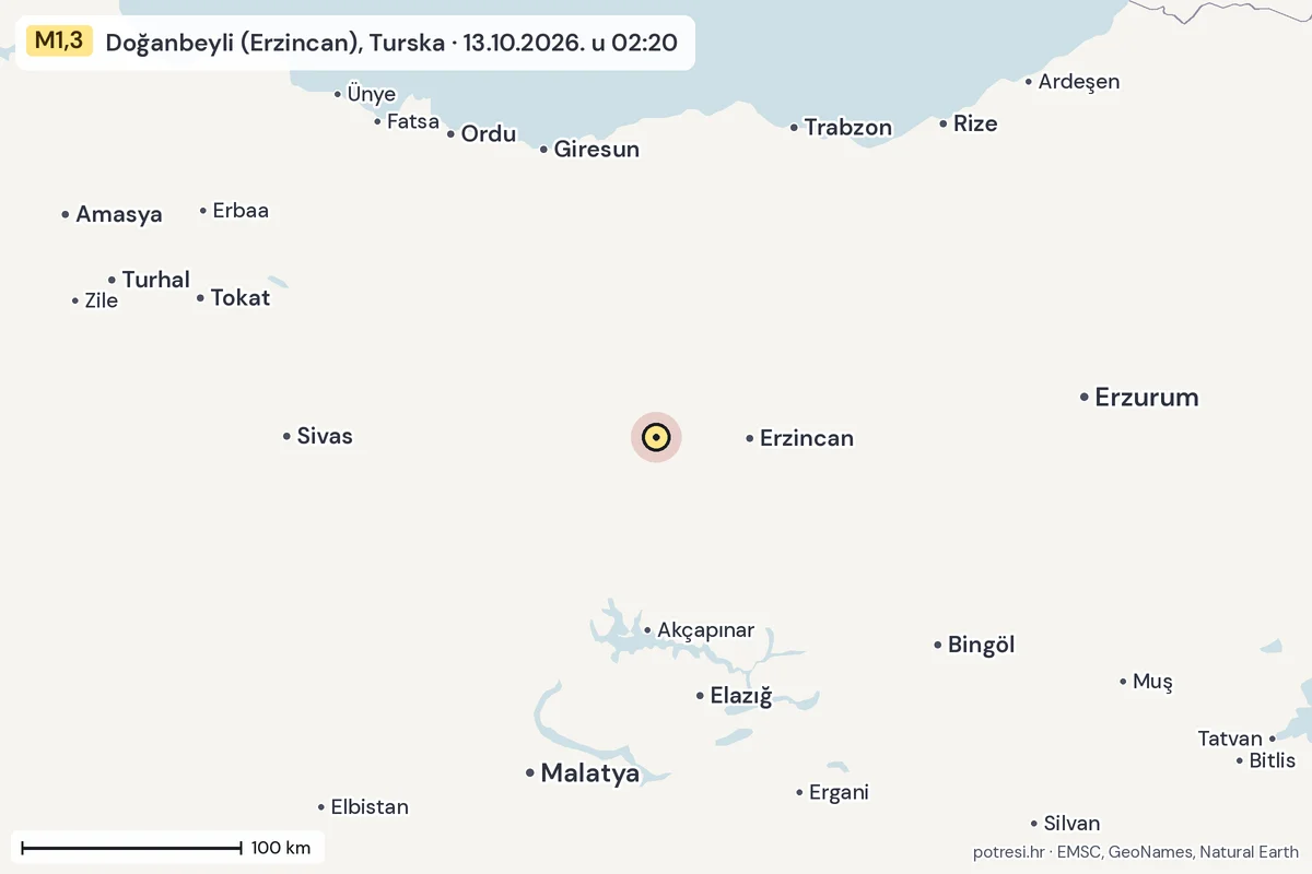 Karta: šire područje, 600 km, potres M1,3, Doğanbeyli (Erzincan), Turska, 13.10.2026.