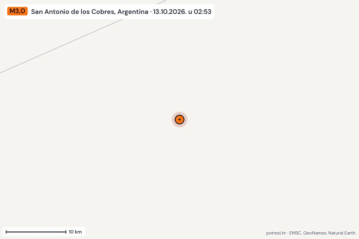 Karta: okolica epicentra, 60 km, potres M3,0, San Antonio de los Cobres, Argentina, 13.10.2026.