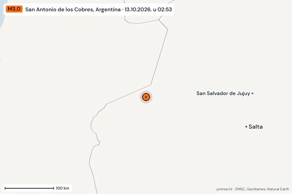Karta: šire područje, 600 km, potres M3,0, San Antonio de los Cobres, Argentina, 13.10.2026.