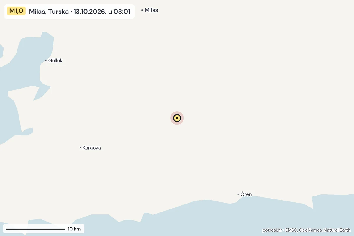 Karta: okolica epicentra, 60 km, potres M1,0, Milas, Turska, 13.10.2026.