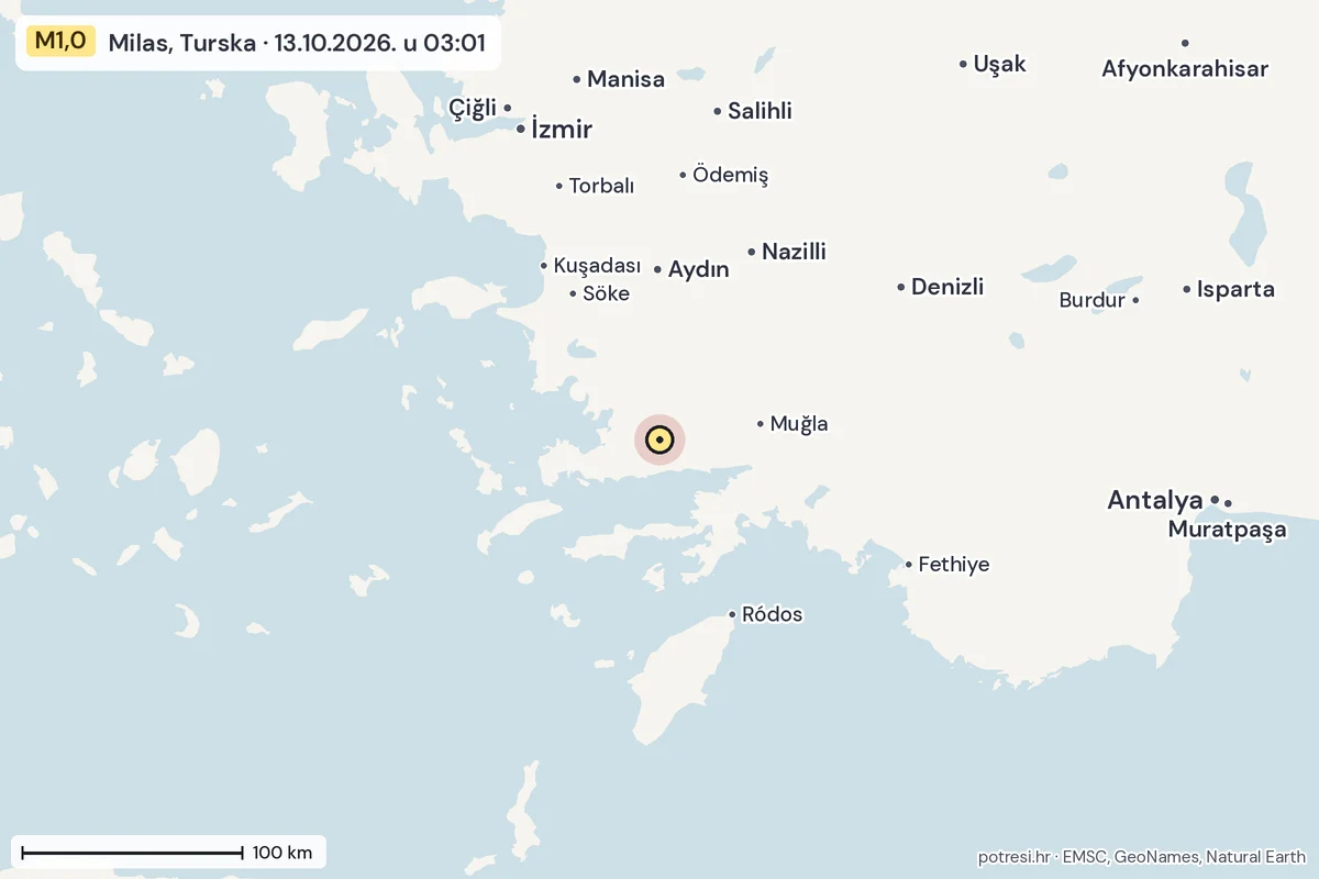 Karta: šire područje, 600 km, potres M1,0, Milas, Turska, 13.10.2026.