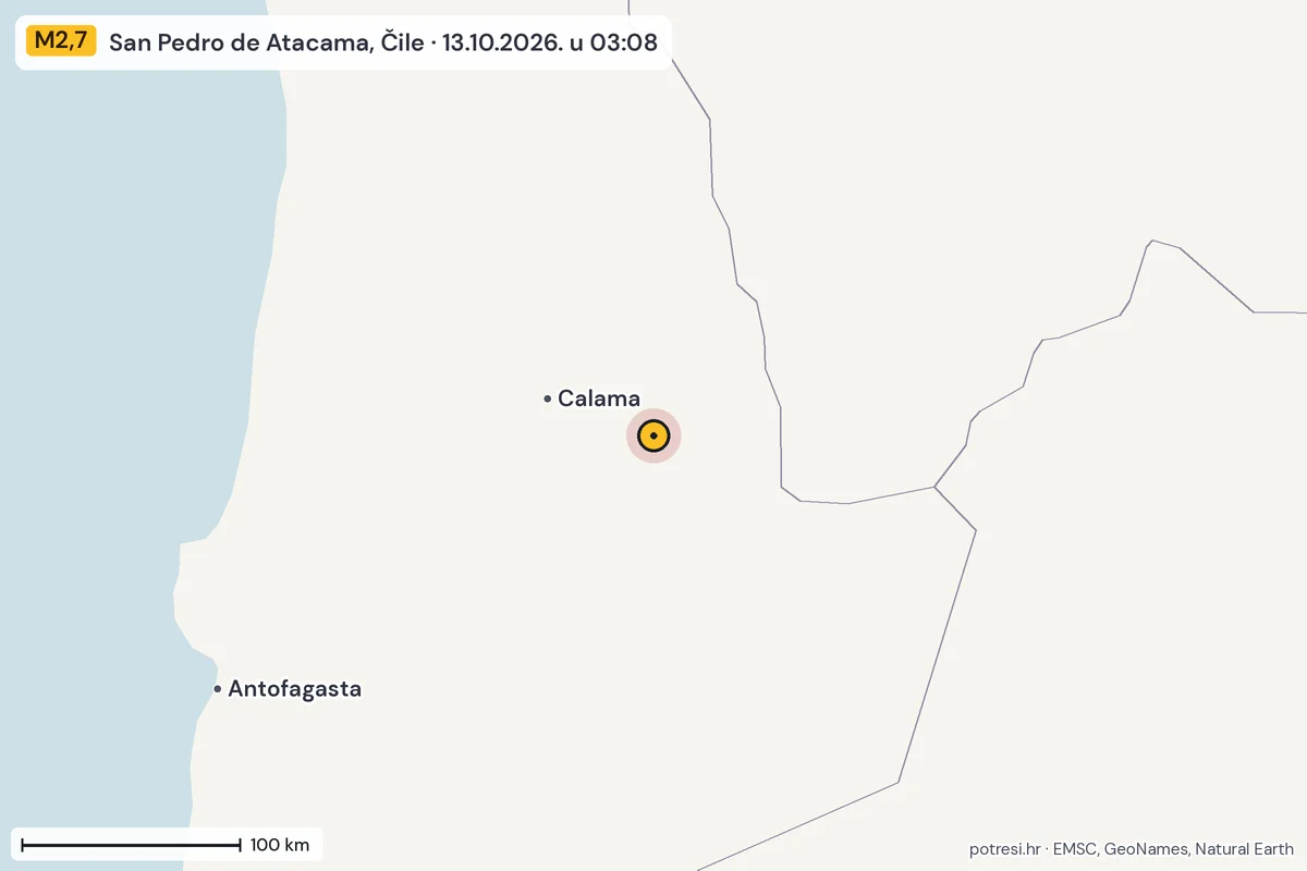 Karta: šire područje, 600 km, potres M2,7, San Pedro de Atacama, Čile, 13.10.2026.