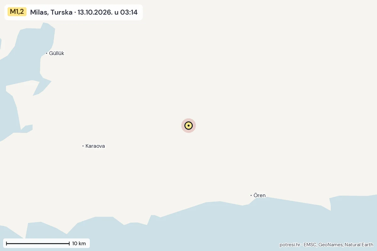 Karta: okolica epicentra, 60 km, potres M1,2, Milas, Turska, 13.10.2026.