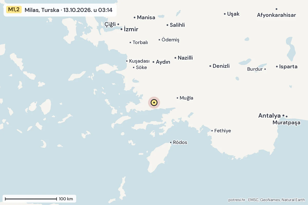 Karta: šire područje, 600 km, potres M1,2, Milas, Turska, 13.10.2026.