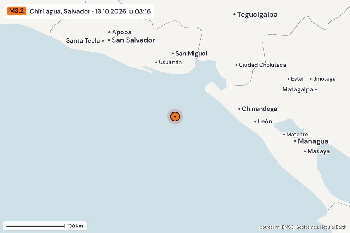 Karta: šire područje, 600 km, potres M3,2, Chirilagua, Salvador, 13.10.2026.