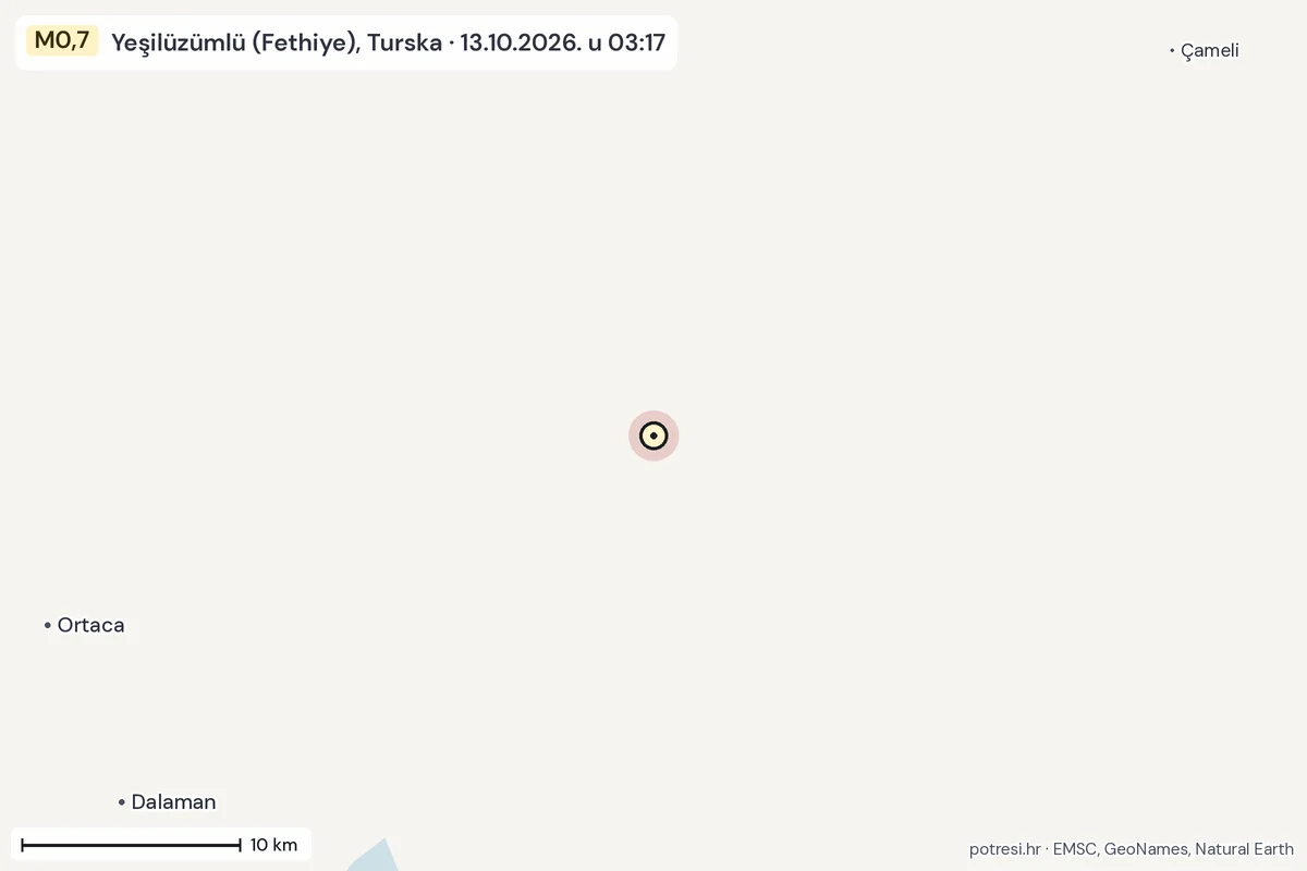 Karta: okolica epicentra, 60 km, potres M0,7, Yeşilüzümlü (Fethiye), Turska, 13.10.2026.