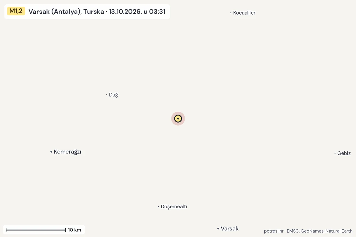 Karta: okolica epicentra, 60 km, potres M1,2, Varsak (Antalya), Turska, 13.10.2026.