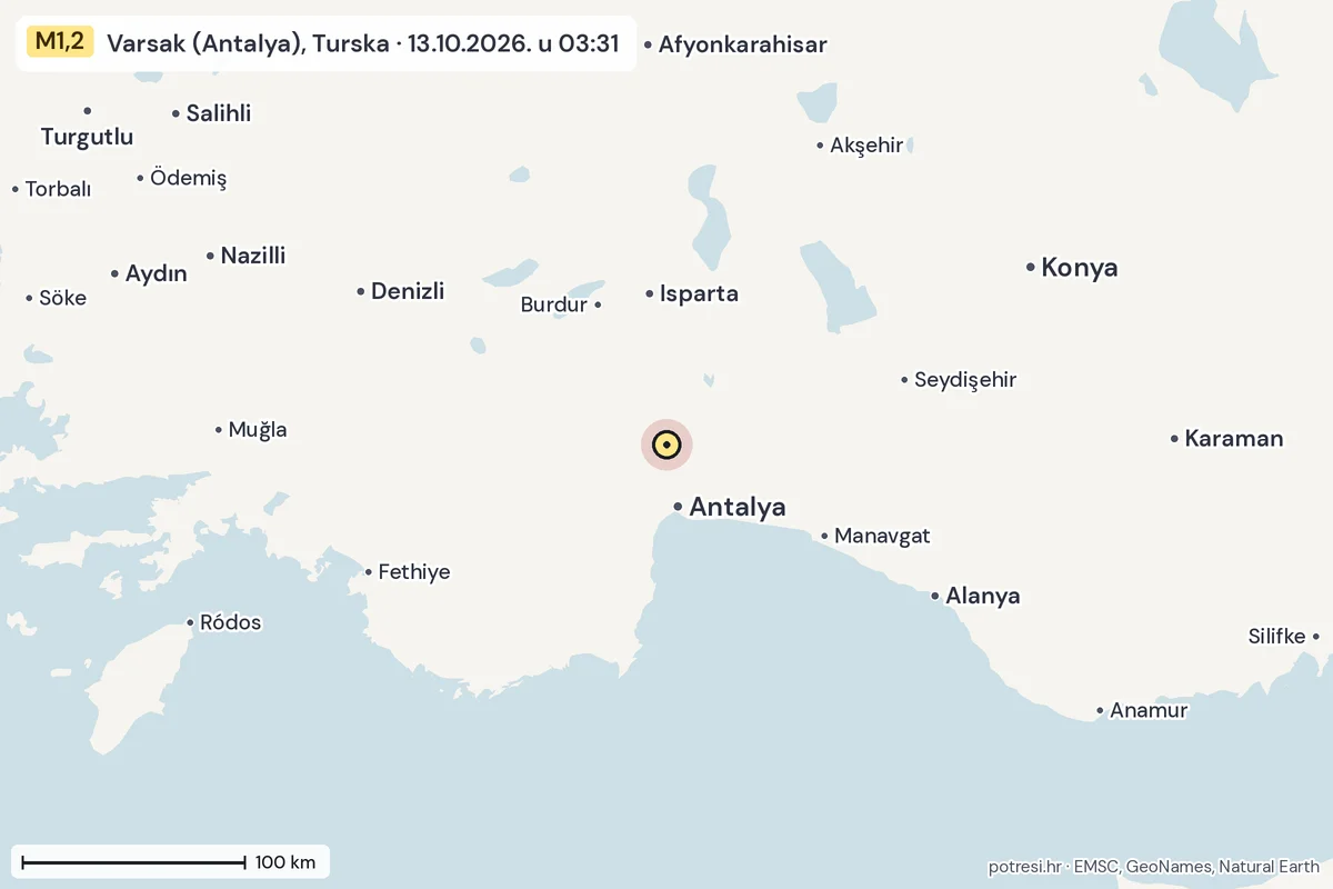 Karta: šire područje, 600 km, potres M1,2, Varsak (Antalya), Turska, 13.10.2026.