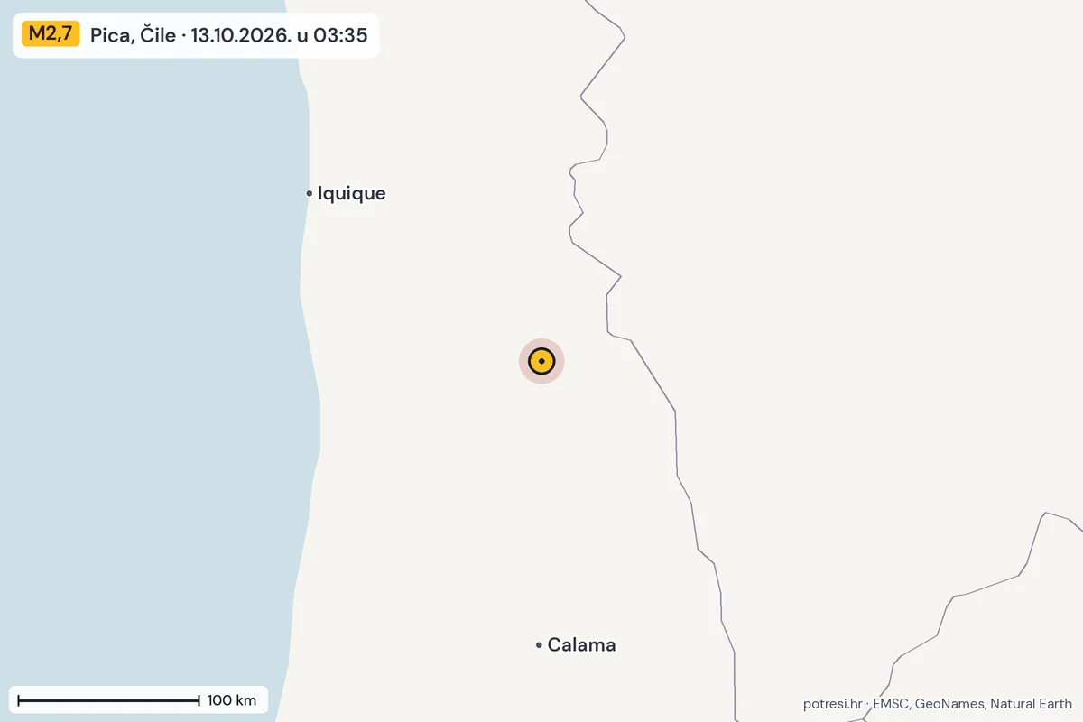 Karta: šire područje, 600 km, potres M2,7, Pica, Čile, 13.10.2026.