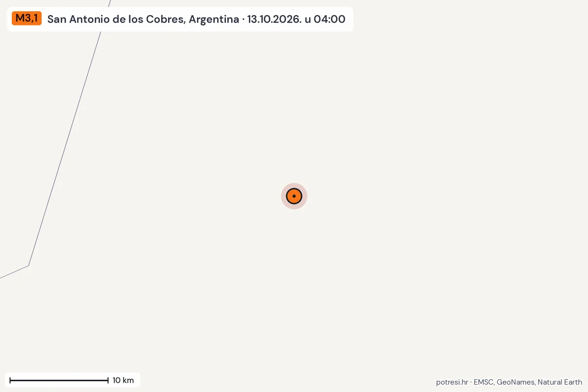 Karta: okolica epicentra, 60 km, potres M3,1, San Antonio de los Cobres, Argentina, 13.10.2026.
