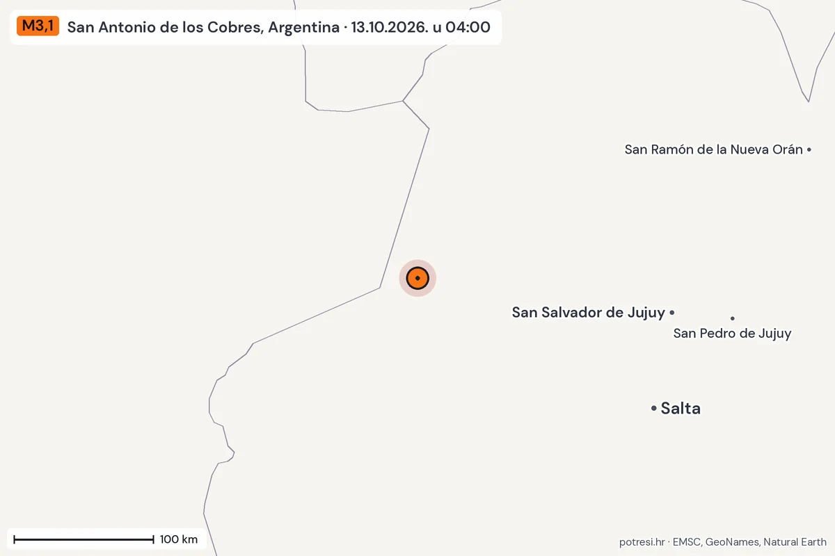 Karta: šire područje, 600 km, potres M3,1, San Antonio de los Cobres, Argentina, 13.10.2026.