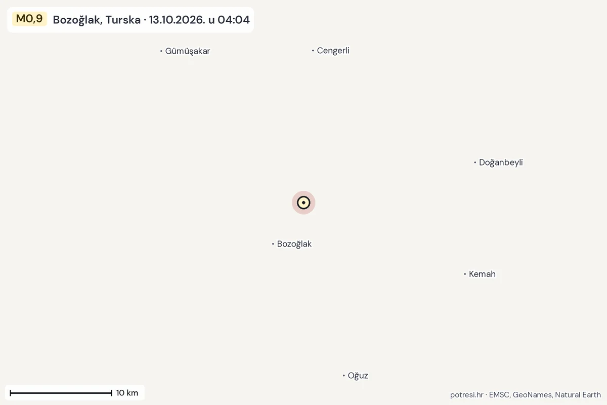 Karta: okolica epicentra, 60 km, potres M0,9, Bozoğlak, Turska, 13.10.2026.