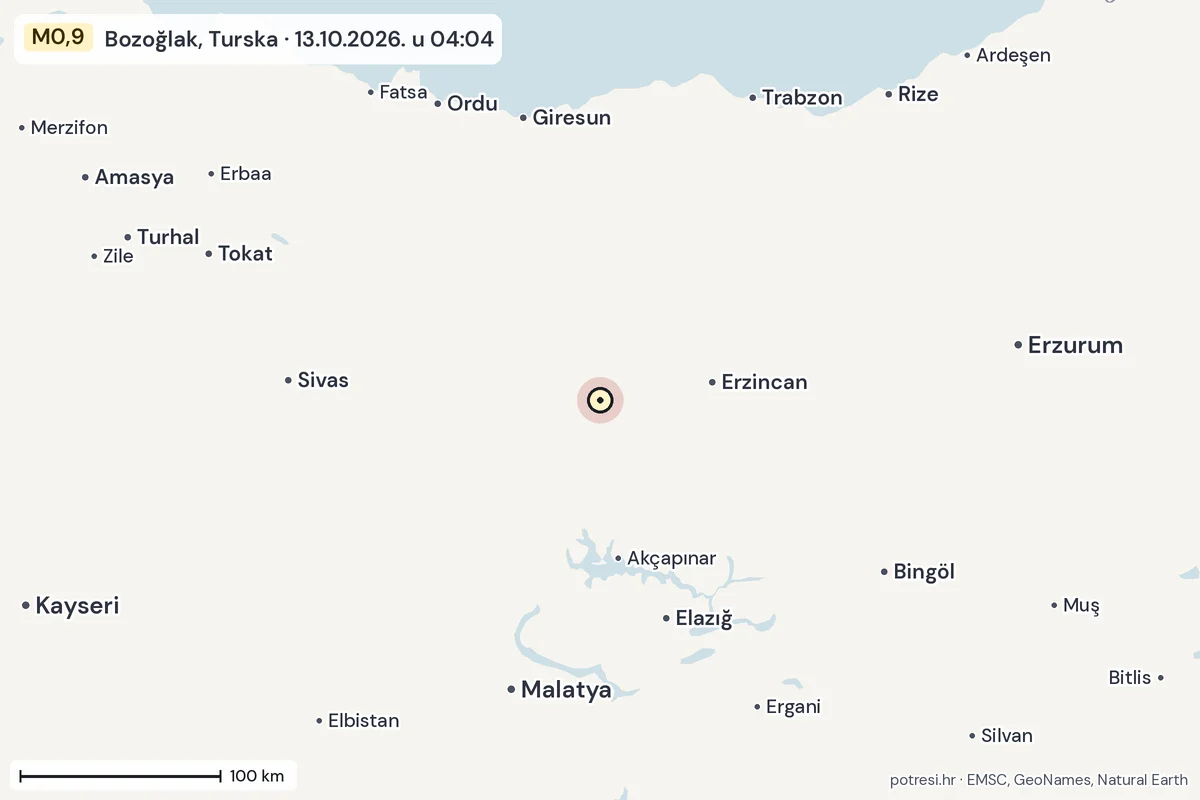 Karta: šire područje, 600 km, potres M0,9, Bozoğlak, Turska, 13.10.2026.