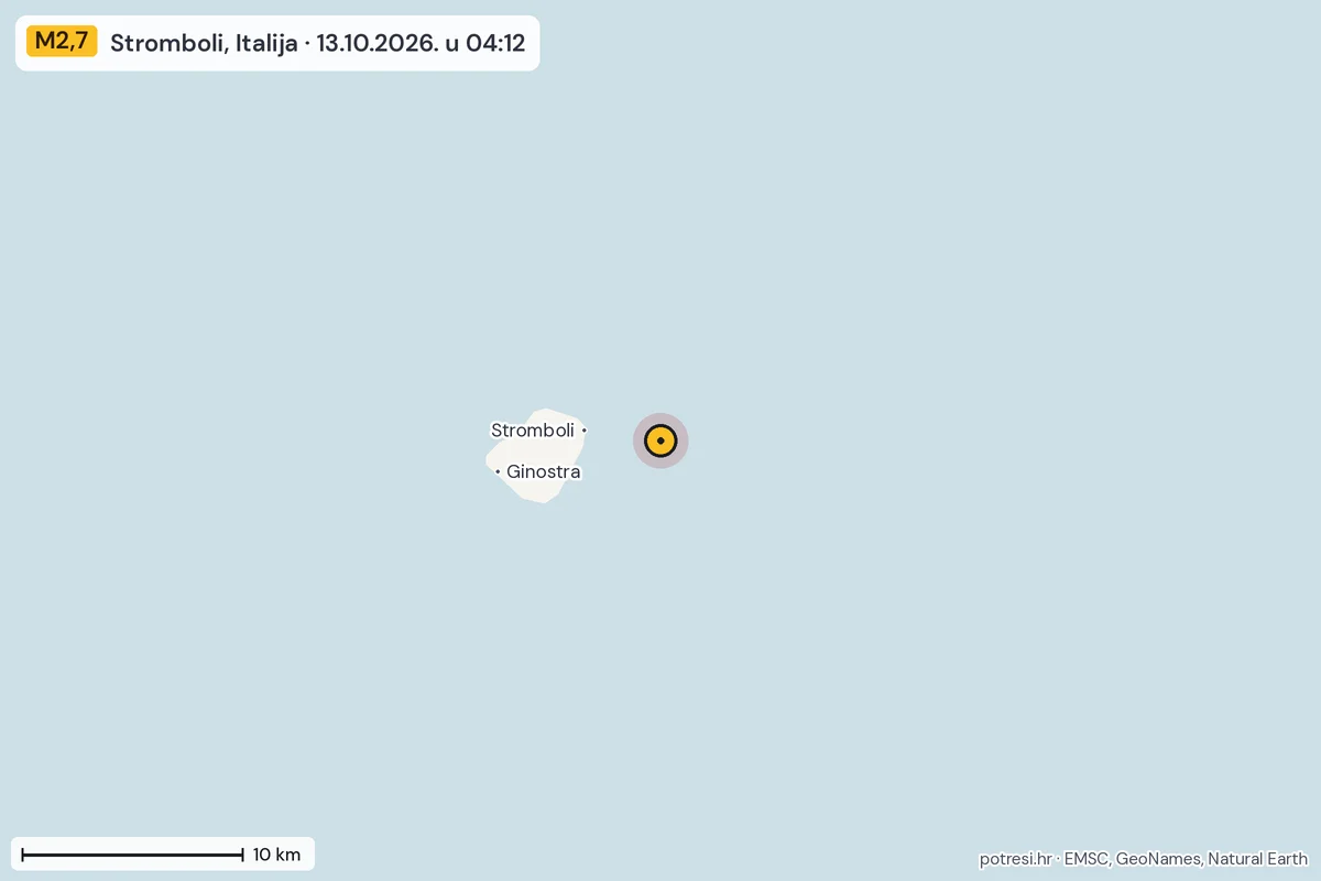 Karta: okolica epicentra, 60 km, potres M2,7, Stromboli, Italija, 13.10.2026.