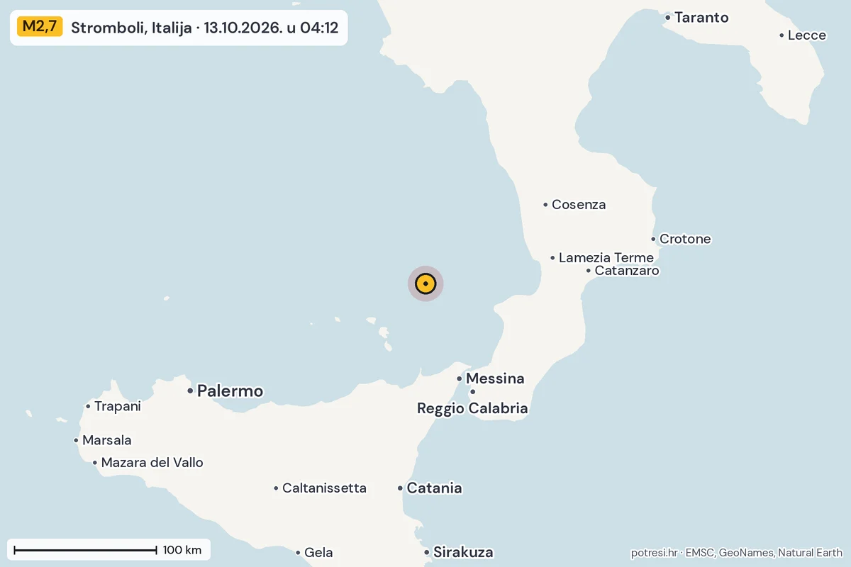 Karta: šire područje, 600 km, potres M2,7, Stromboli, Italija, 13.10.2026.