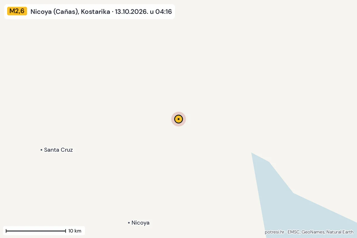 Karta: okolica epicentra, 60 km, potres M2,6, Nicoya (Cañas), Kostarika, 13.10.2026.