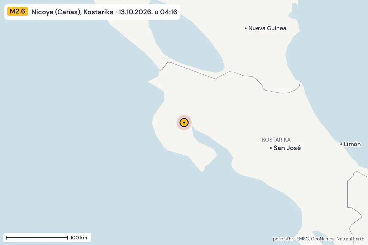 Karta: šire područje, 600 km, potres M2,6, Nicoya (Cañas), Kostarika, 13.10.2026.