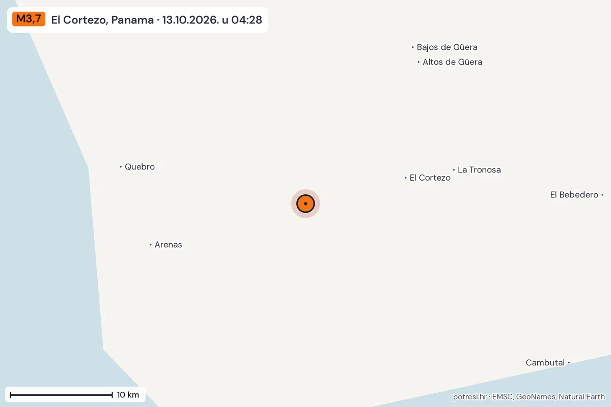 Karta: okolica epicentra, 60 km, potres M3,7, El Cortezo, Panama, 13.10.2026.
