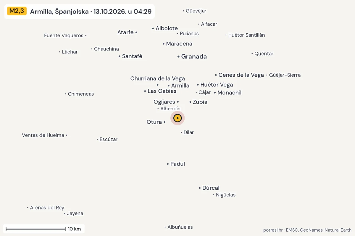 Karta: okolica epicentra, 60 km, potres M2,3, Armilla, Španjolska, 13.10.2026.