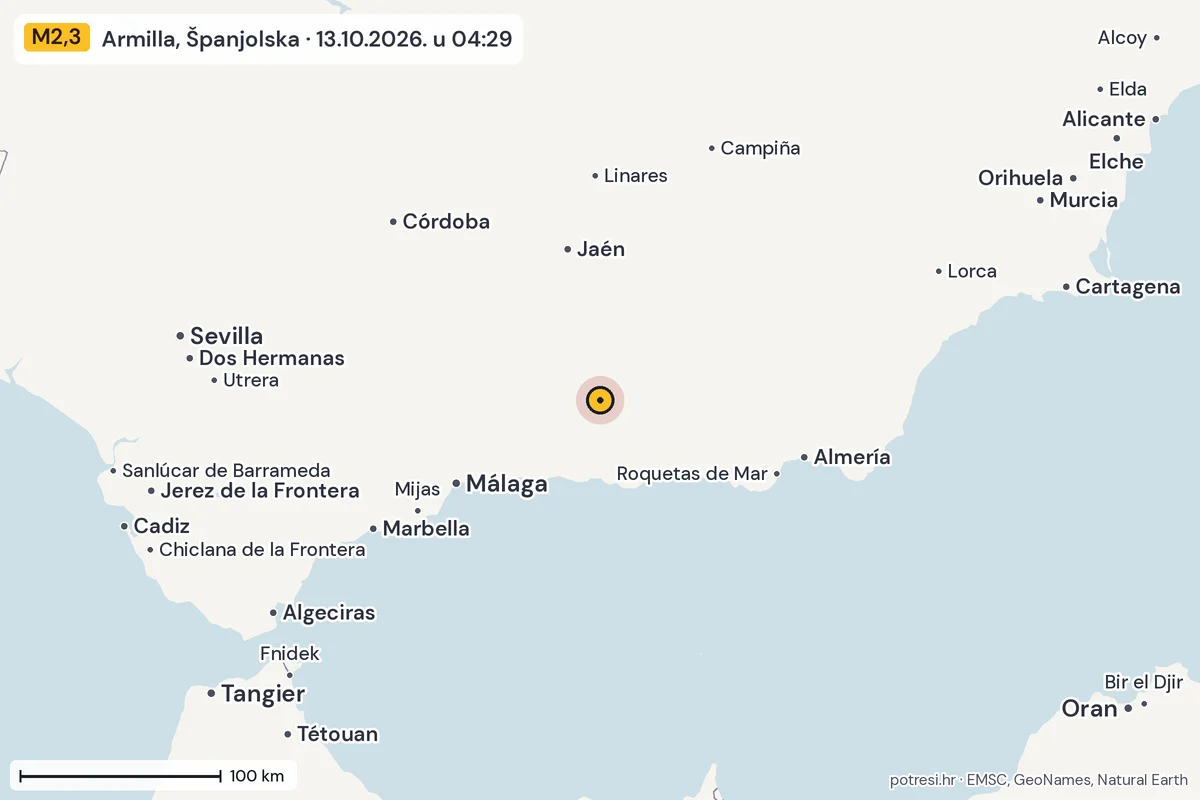 Karta: šire područje, 600 km, potres M2,3, Armilla, Španjolska, 13.10.2026.