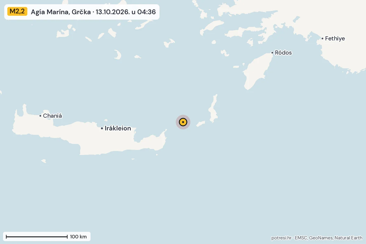 Karta: šire područje, 600 km, potres M2,2, Agía Marína, Grčka, 13.10.2026.