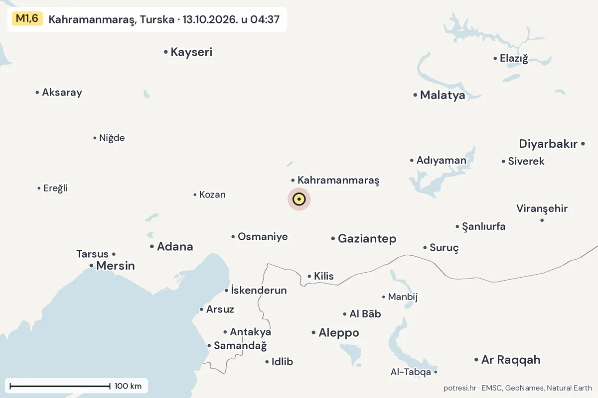 Karta: šire područje, 600 km, potres M1,6, Kahramanmaraş, Turska, 13.10.2026.