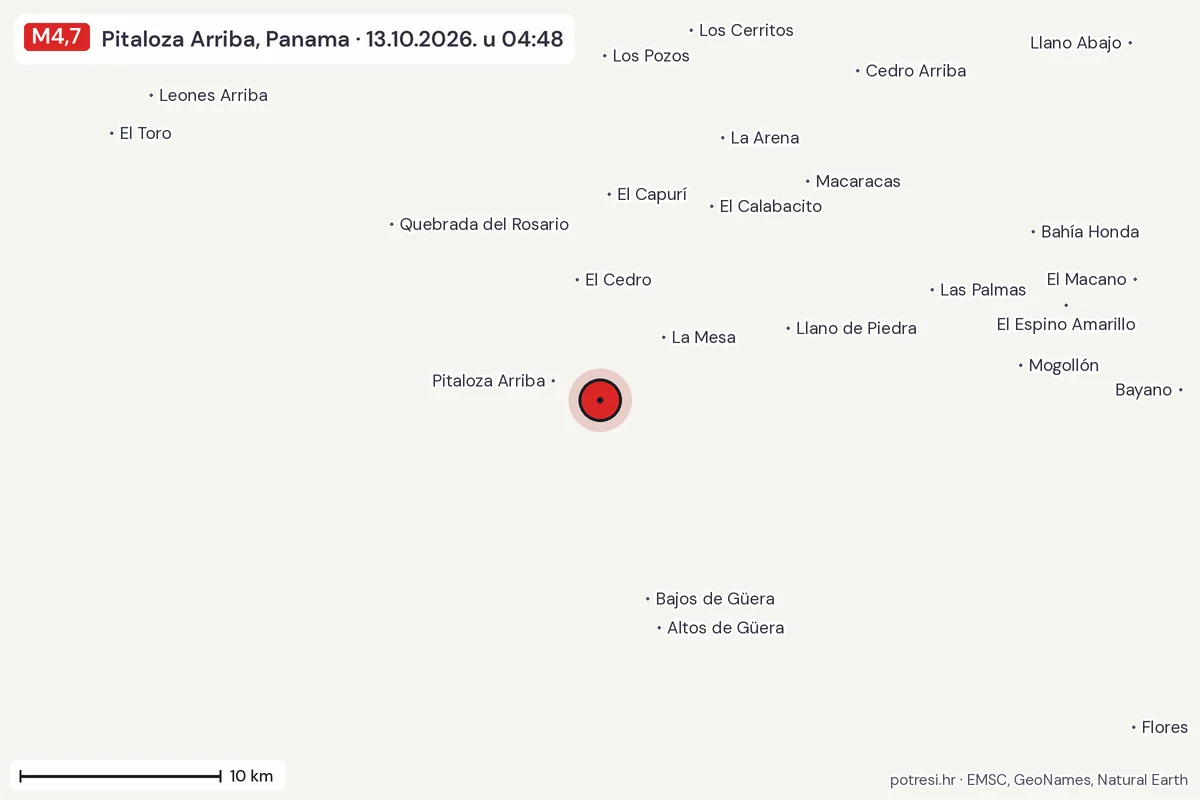 Karta: okolica epicentra, 60 km, potres M4,7, Pitaloza Arriba, Panama, 13.10.2026.