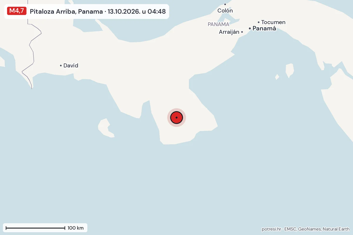 Karta: šire područje, 600 km, potres M4,7, Pitaloza Arriba, Panama, 13.10.2026.