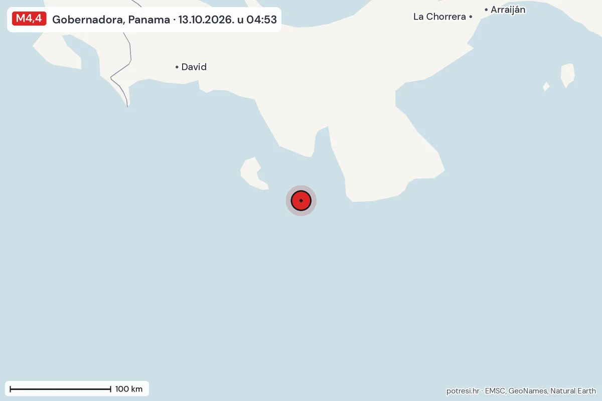 Karta: šire područje, 600 km, potres M4,4, Gobernadora, Panama, 13.10.2026.