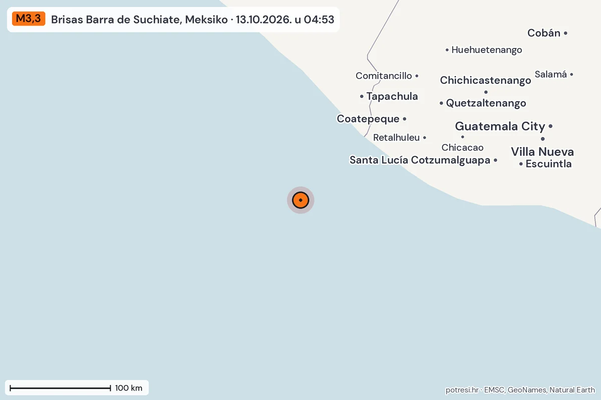 Karta: šire područje, 600 km, potres M3,3, Brisas Barra de Suchiate, Meksiko, 13.10.2026.