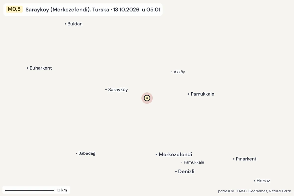 Karta: okolica epicentra, 60 km, potres M0,8, Sarayköy (Merkezefendi), Turska, 13.10.2026.