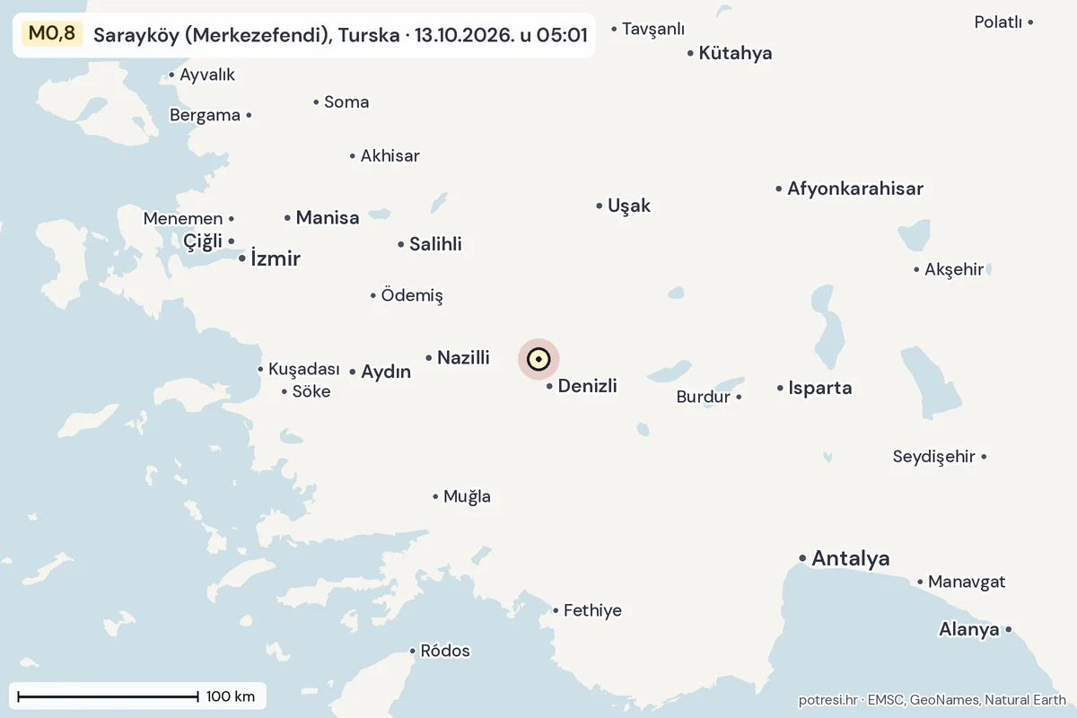 Karta: šire područje, 600 km, potres M0,8, Sarayköy (Merkezefendi), Turska, 13.10.2026.