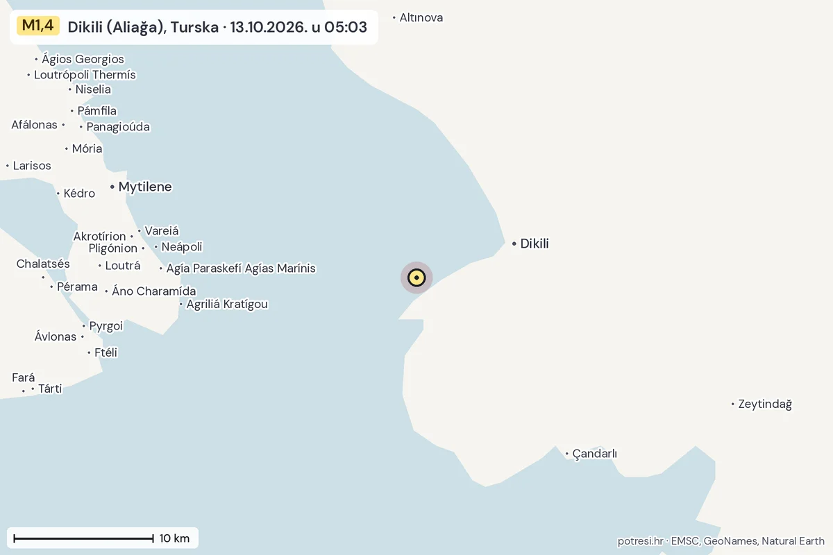 Karta: okolica epicentra, 60 km, potres M1,4, Dikili (Aliağa), Turska, 13.10.2026.