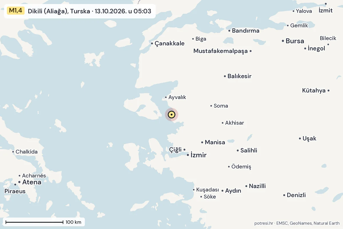 Karta: šire područje, 600 km, potres M1,4, Dikili (Aliağa), Turska, 13.10.2026.