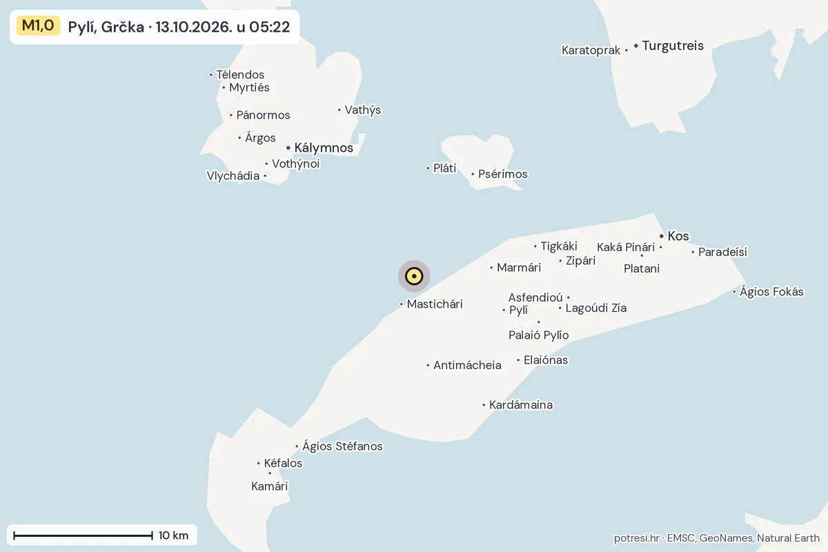 Karta: okolica epicentra, 60 km, potres M1,0, Pylí, Grčka, 13.10.2026.